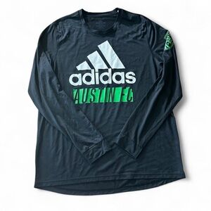 adidas Black Long Sleeve Tee with White Logo and Green Austin FC Print